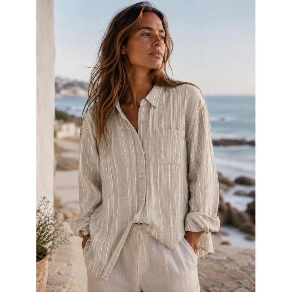 NEW Susan Graver Linen Blend Beige White Striped Button Up Shirt Blouse 2XP